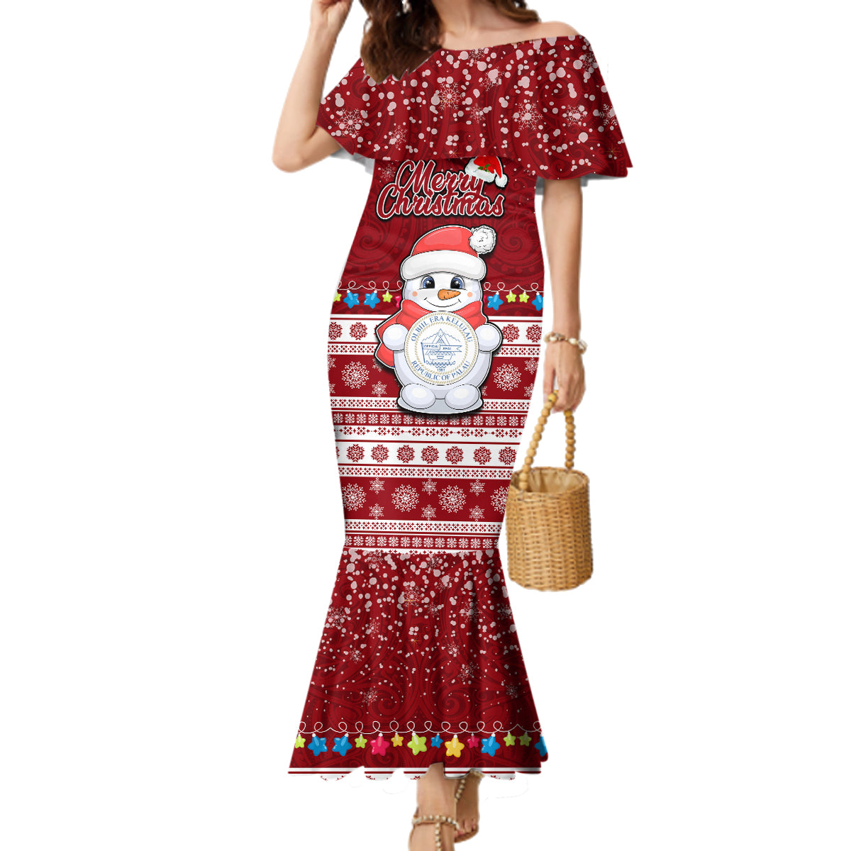 Personalised Palau Christmas Family Matching Mermaid Dress and Hawaiian Shirt Snowman and Palau Coat of Arms Maori Tribal Xmas Style LT03 Mom's Dress Red - Polynesian Pride