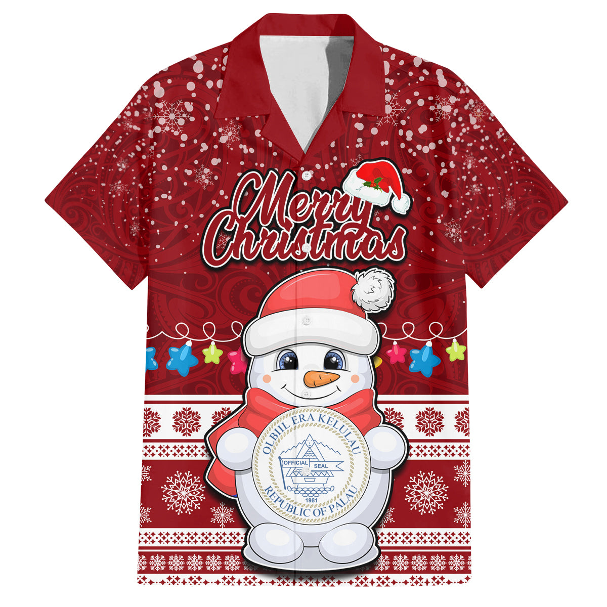 Personalised Palau Christmas Family Matching Off Shoulder Long Sleeve Dress and Hawaiian Shirt Snowman and Palau Coat of Arms Maori Tribal Xmas Style LT03 Dad's Shirt - Short Sleeve Red - Polynesian Pride