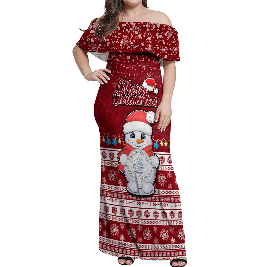 Personalised Palau Christmas Off Shoulder Maxi Dress Snowman and Palau Coat of Arms Maori Tribal Xmas Style LT03 Women Red - Polynesian Pride