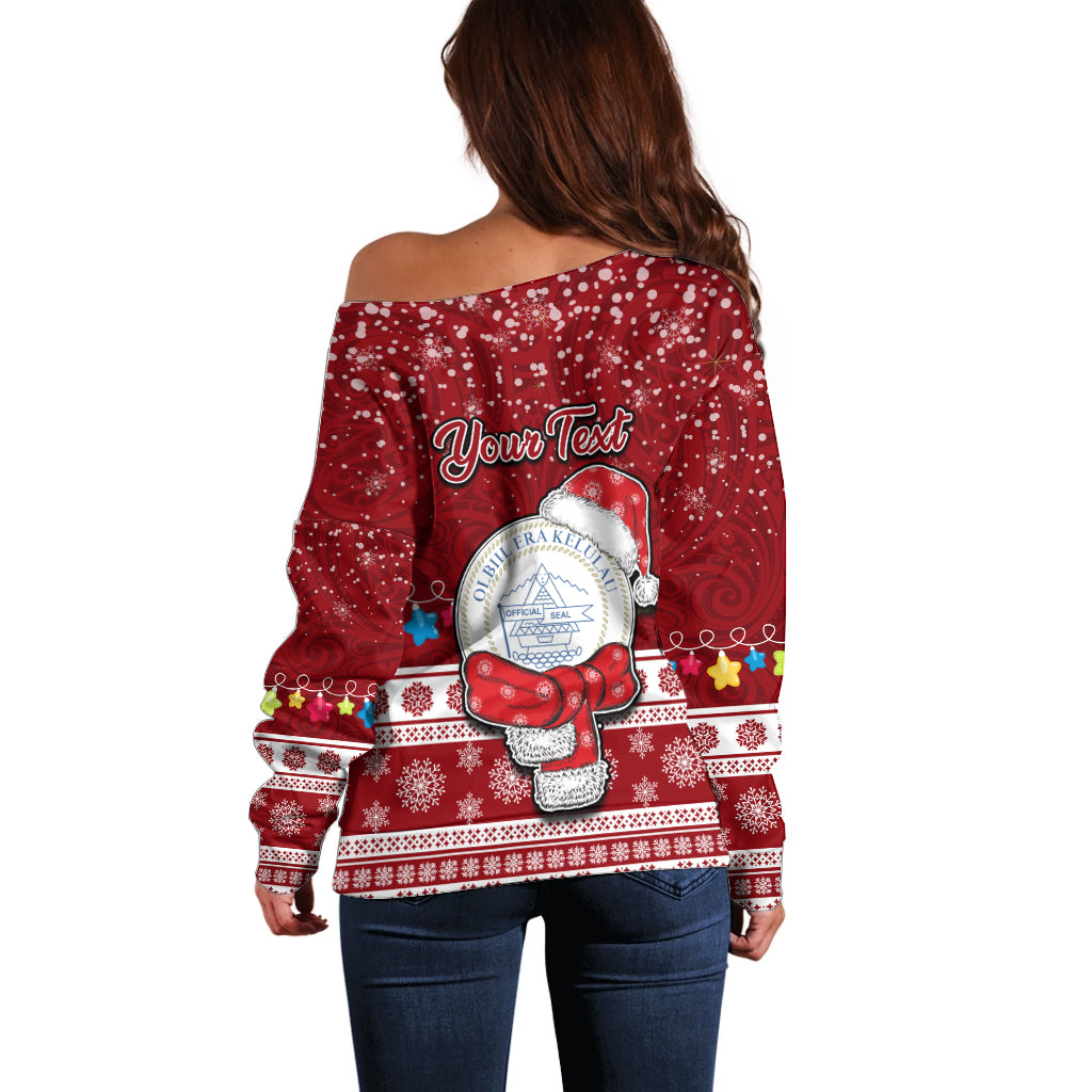 Personalised Palau Christmas Off Shoulder Sweater Snowman and Palau Coat of Arms Maori Tribal Xmas Style LT03 - Polynesian Pride
