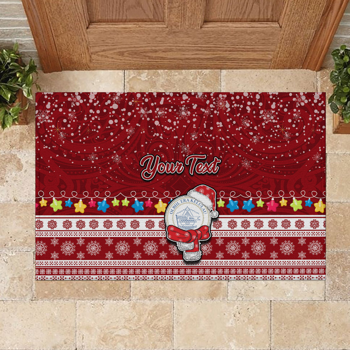 Personalised Palau Christmas Rubber Doormat Snowman and Palau Coat of Arms Maori Tribal Xmas Style LT03 - Polynesian Pride