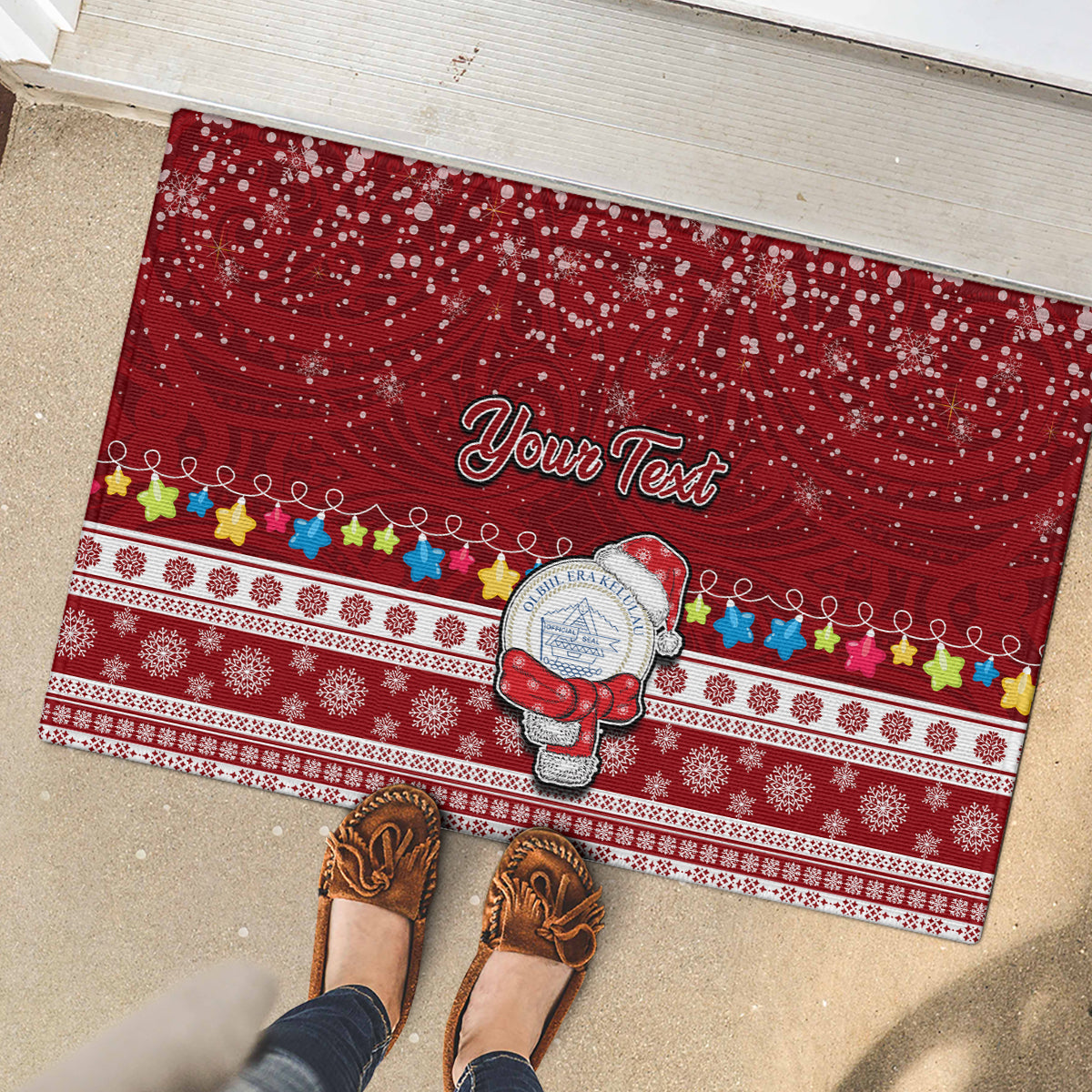 Personalised Palau Christmas Rubber Doormat Snowman and Palau Coat of Arms Maori Tribal Xmas Style LT03 - Polynesian Pride