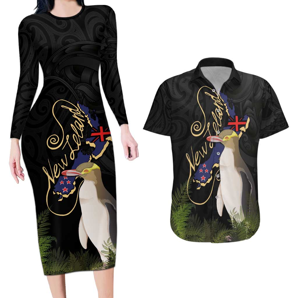 New Zealand Hoiho Couples Matching Long Sleeve Bodycon Dress and Hawaiian Shirt Maori Art Tattoo and Silver Fern