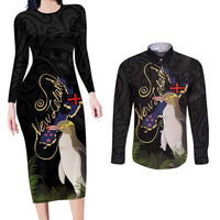 New Zealand Hoiho Couples Matching Long Sleeve Bodycon Dress and Long Sleeve Button Shirt Maori Art Tattoo and Silver Fern LT03 Black - Polynesian Pride