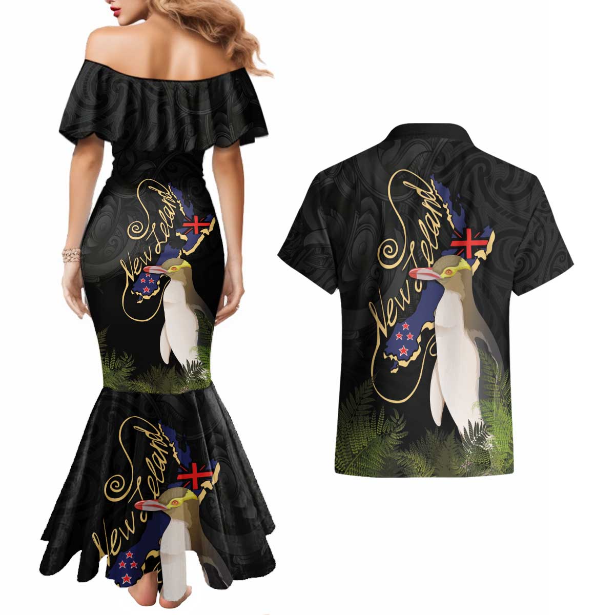 New Zealand Hoiho Couples Matching Mermaid Dress and Hawaiian Shirt Maori Art Tattoo and Silver Fern LT03 - Polynesian Pride