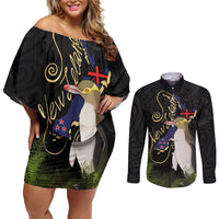New Zealand Hoiho Couples Matching Off Shoulder Short Dress and Long Sleeve Button Shirt Maori Art Tattoo and Silver Fern LT03 Black - Polynesian Pride