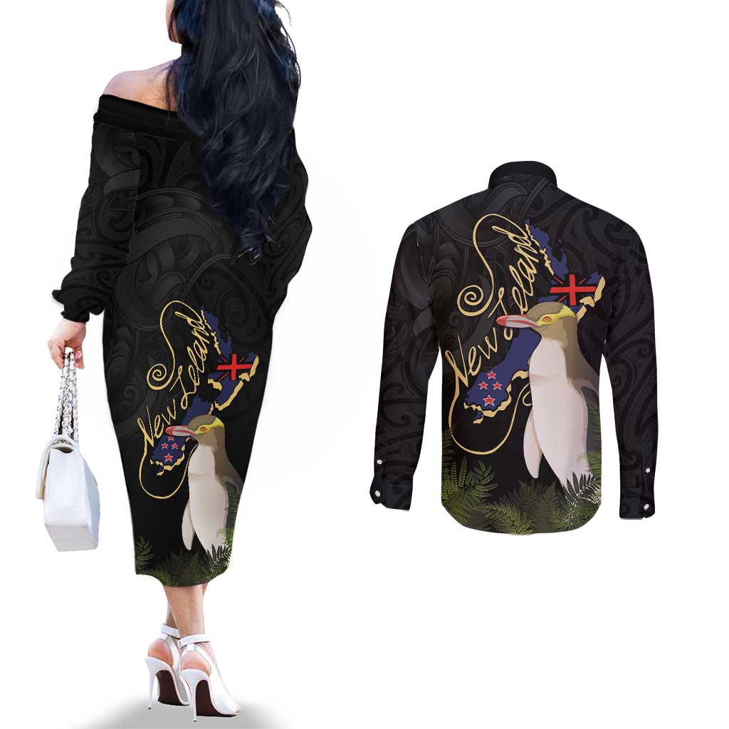 New Zealand Hoiho Couples Matching Off The Shoulder Long Sleeve Dress and Long Sleeve Button Shirt Maori Art Tattoo and Silver Fern LT03 - Polynesian Pride