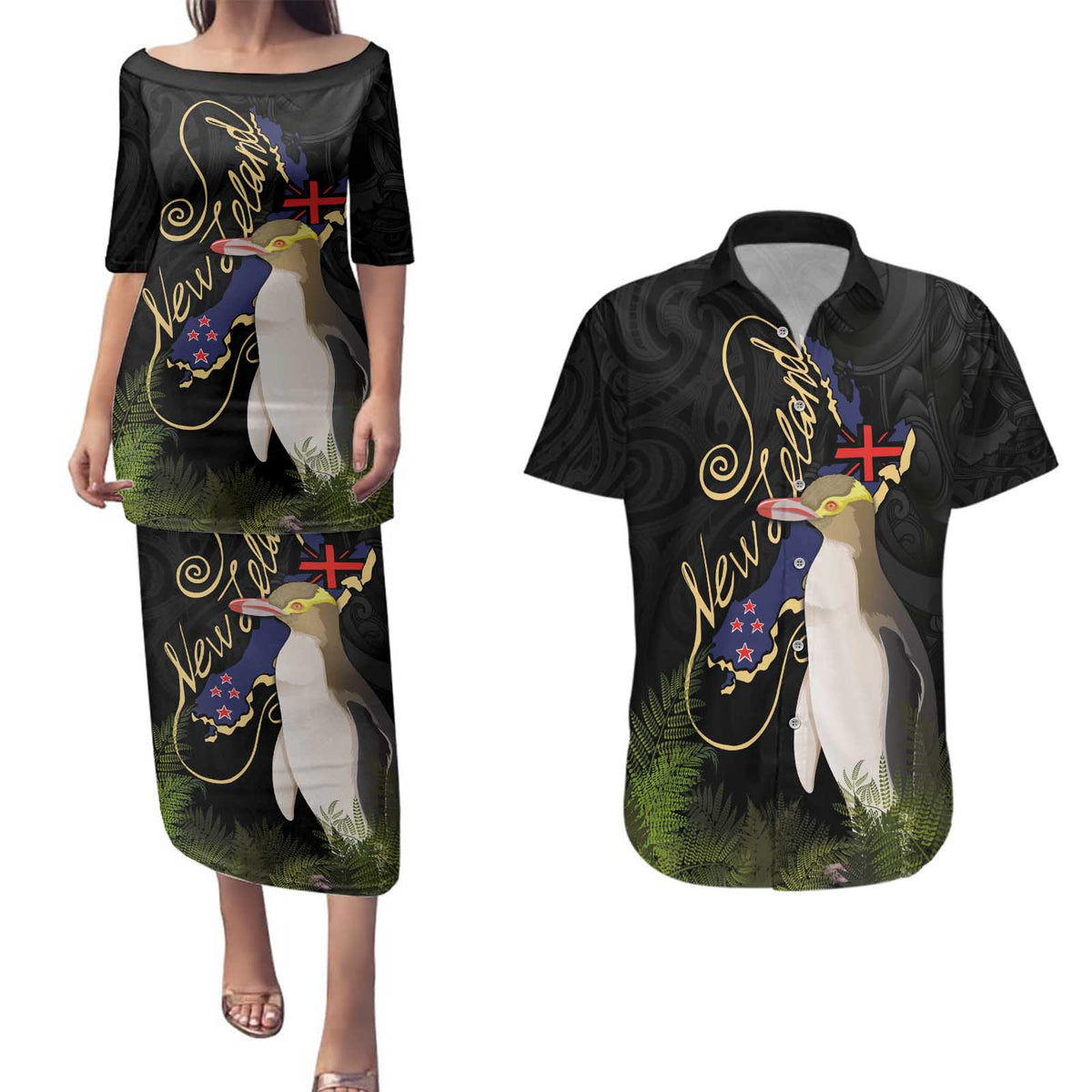 New Zealand Hoiho Couples Matching Puletasi and Hawaiian Shirt Maori Art Tattoo and Silver Fern LT03 Black - Polynesian Pride