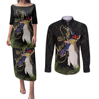 New Zealand Hoiho Couples Matching Puletasi and Long Sleeve Button Shirt Maori Art Tattoo and Silver Fern LT03 Black - Polynesian Pride