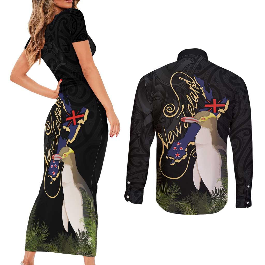 New Zealand Hoiho Couples Matching Short Sleeve Bodycon Dress and Long Sleeve Button Shirt Maori Art Tattoo and Silver Fern LT03 - Polynesian Pride