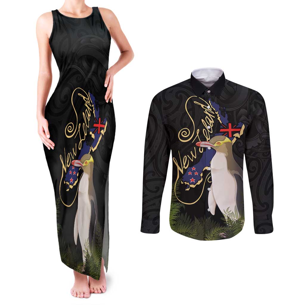 New Zealand Hoiho Couples Matching Tank Maxi Dress and Long Sleeve Button Shirt Maori Art Tattoo and Silver Fern LT03 Black - Polynesian Pride