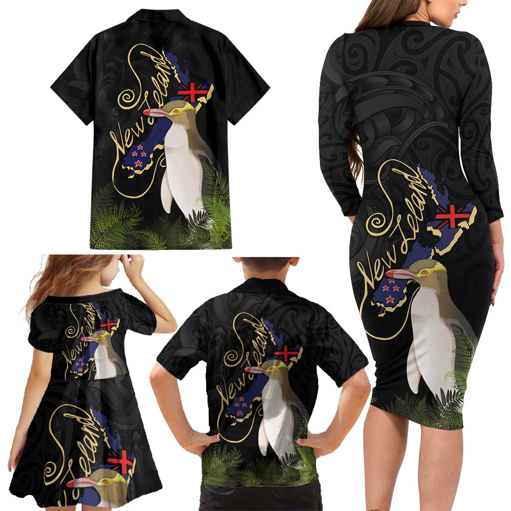 New Zealand Hoiho Family Matching Long Sleeve Bodycon Dress and Hawaiian Shirt Maori Art Tattoo and Silver Fern LT03 - Polynesian Pride
