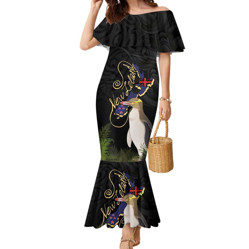 New Zealand Hoiho Family Matching Mermaid Dress and Hawaiian Shirt Maori Art Tattoo and Silver Fern LT03 Mom's Dress Black - Polynesian Pride
