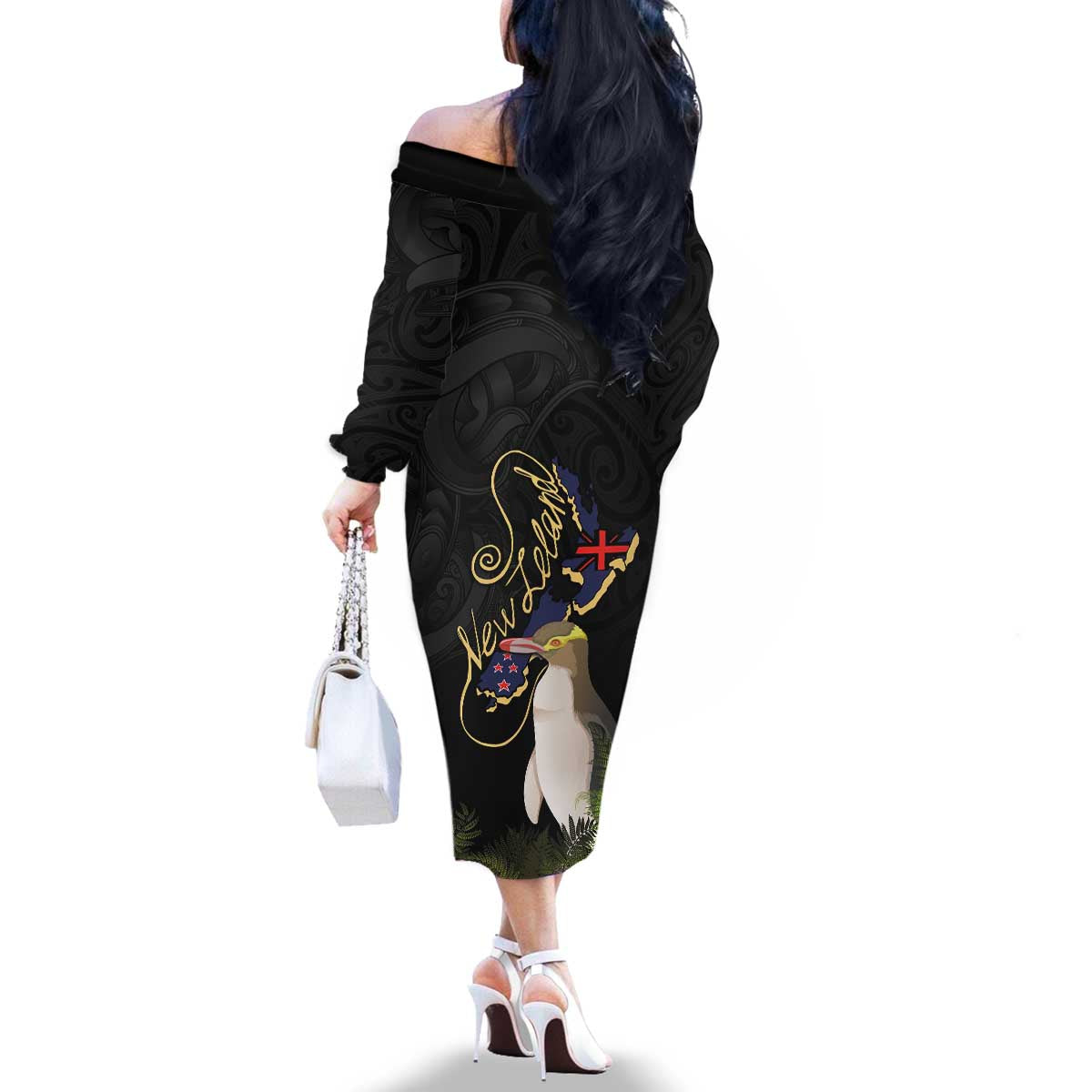 New Zealand Hoiho Family Matching Off The Shoulder Long Sleeve Dress and Hawaiian Shirt Maori Art Tattoo and Silver Fern LT03 - Polynesian Pride