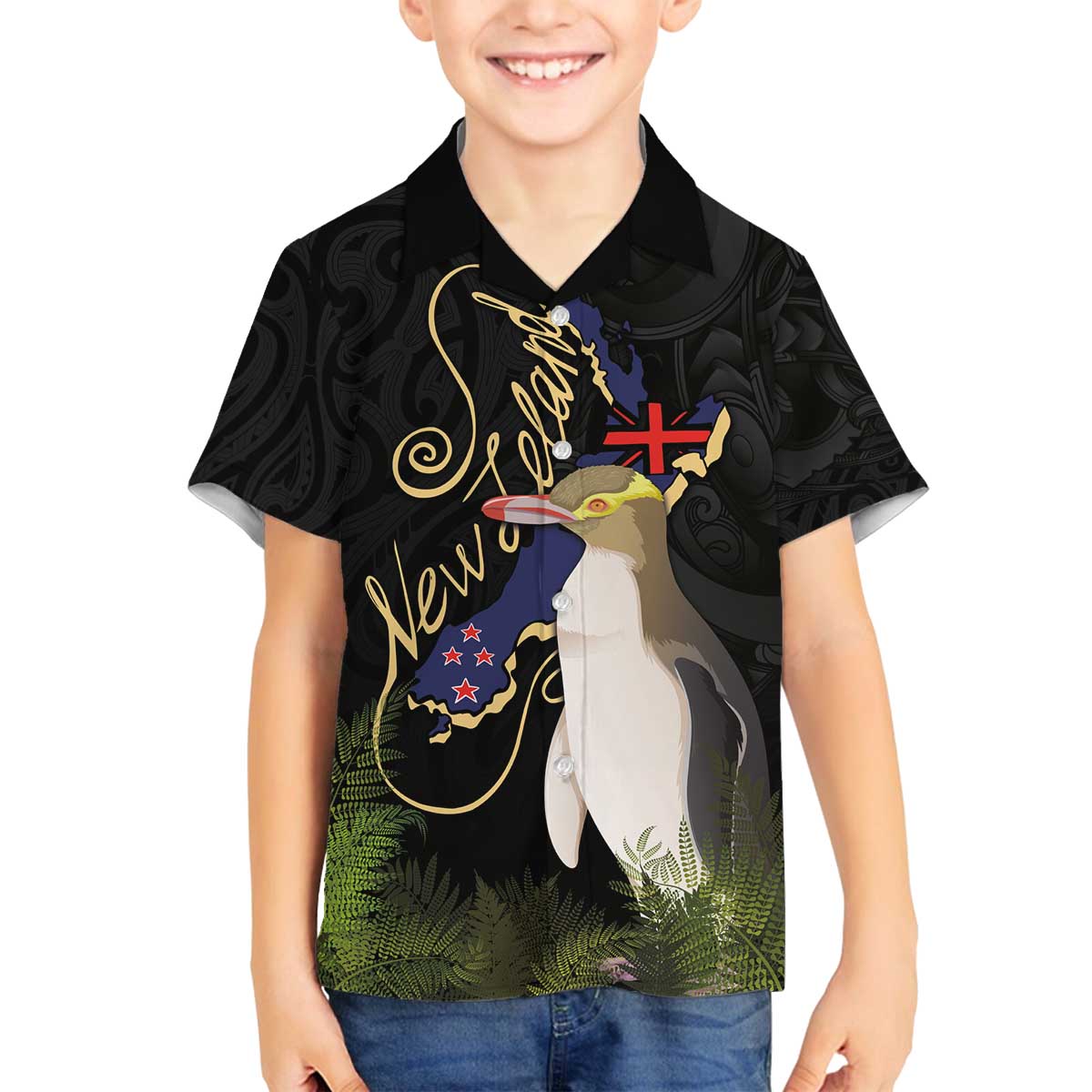 New Zealand Hoiho Family Matching Off The Shoulder Long Sleeve Dress and Hawaiian Shirt Maori Art Tattoo and Silver Fern LT03 Son's Shirt Black - Polynesian Pride