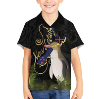 New Zealand Hoiho Family Matching Off The Shoulder Long Sleeve Dress and Hawaiian Shirt Maori Art Tattoo and Silver Fern LT03 Son's Shirt Black - Polynesian Pride
