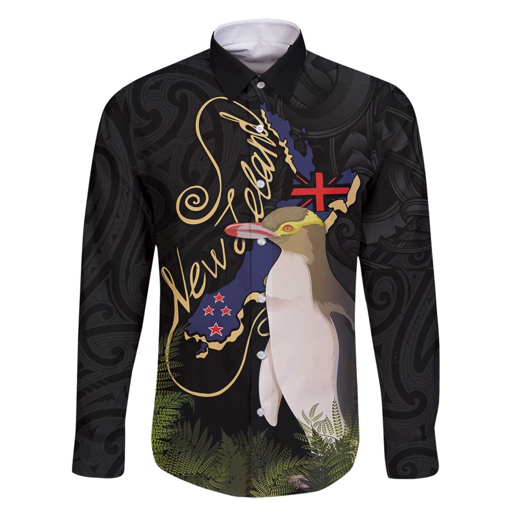 New Zealand Hoiho Family Matching Puletasi and Hawaiian Shirt Maori Art Tattoo and Silver Fern LT03 Dad's Shirt - Long Sleeve Black - Polynesian Pride