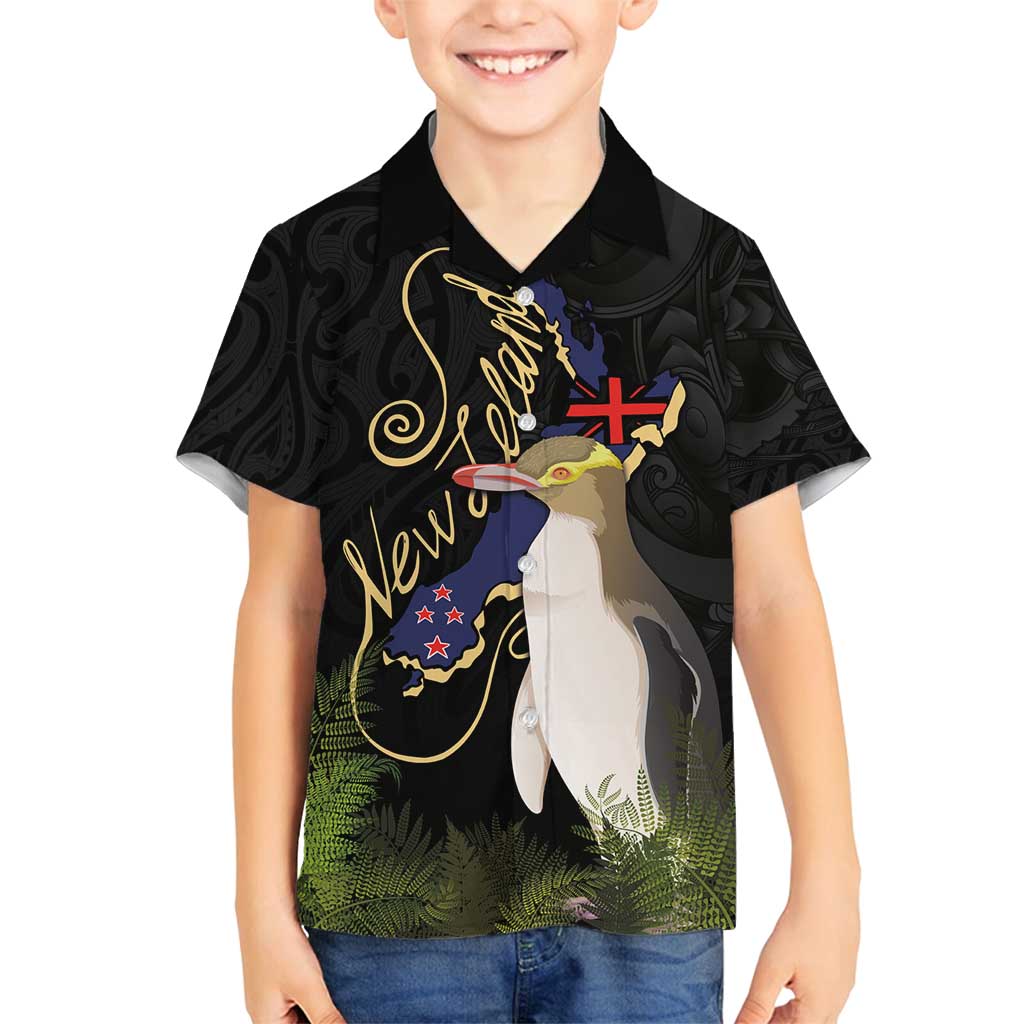 New Zealand Hoiho Family Matching Puletasi and Hawaiian Shirt Maori Art Tattoo and Silver Fern LT03 Son's Shirt Black - Polynesian Pride