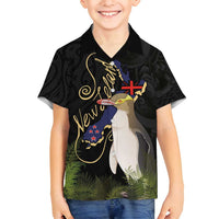 New Zealand Hoiho Family Matching Puletasi and Hawaiian Shirt Maori Art Tattoo and Silver Fern LT03 Son's Shirt Black - Polynesian Pride