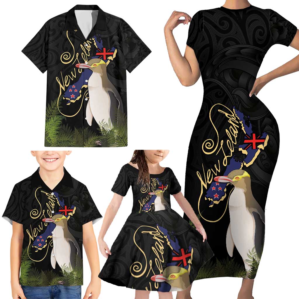 New Zealand Hoiho Family Matching Short Sleeve Bodycon Dress and Hawaiian Shirt Maori Art Tattoo and Silver Fern LT03 - Polynesian Pride