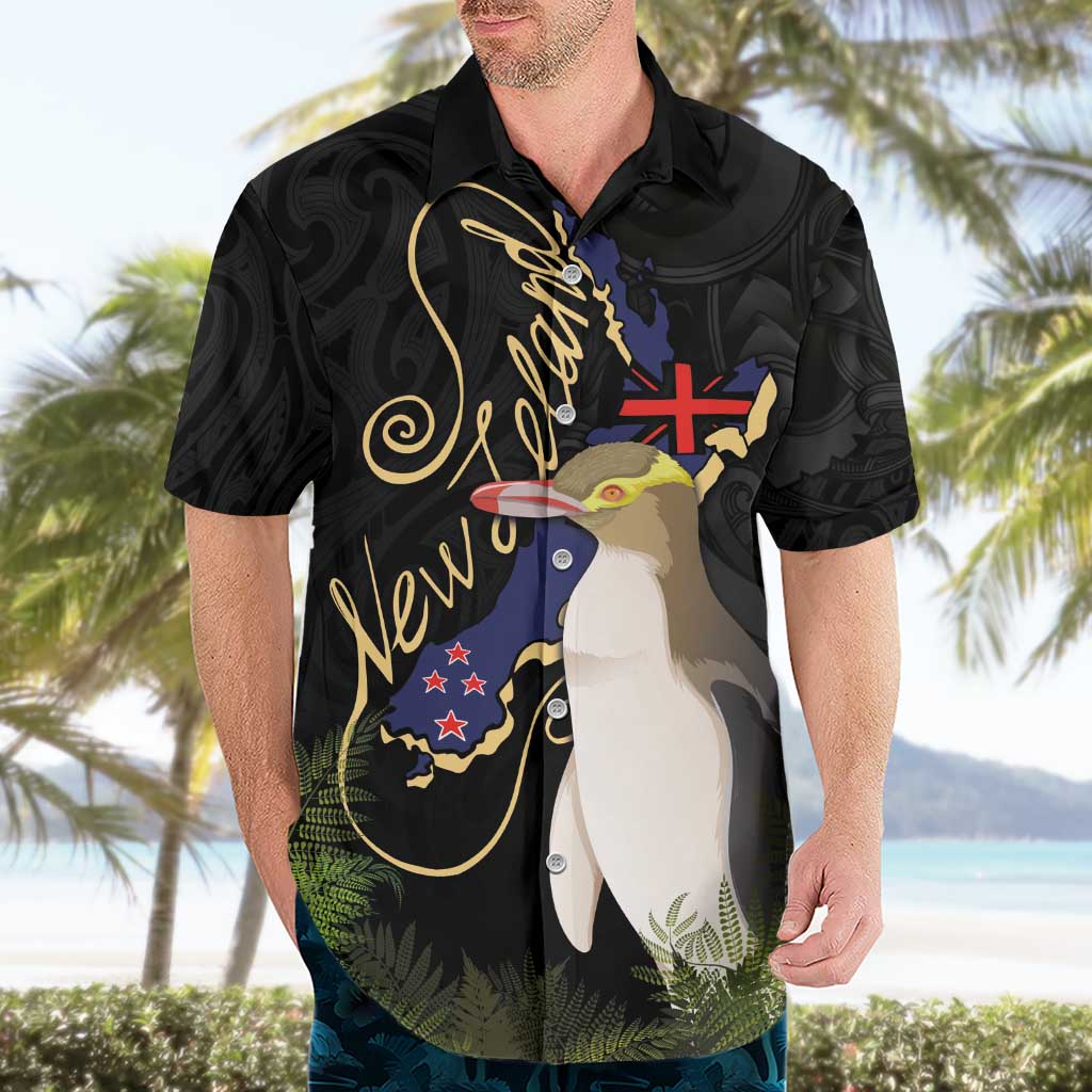 New Zealand Hoiho Hawaiian Shirt Maori Art Tattoo and Silver Fern