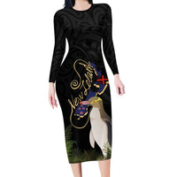 New Zealand Hoiho Long Sleeve Bodycon Dress Maori Art Tattoo and Silver Fern LT03 Long Dress Black - Polynesian Pride