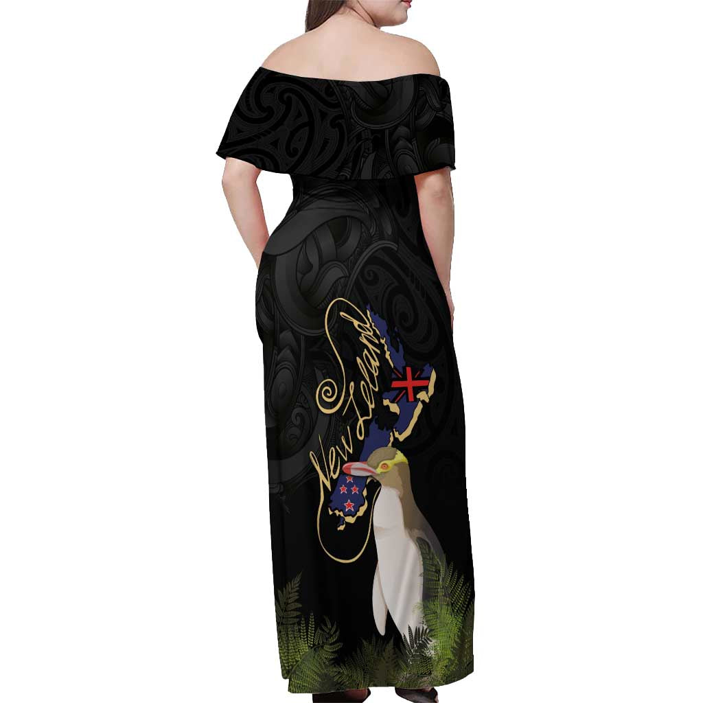 New Zealand Hoiho Off Shoulder Maxi Dress Maori Art Tattoo and Silver Fern