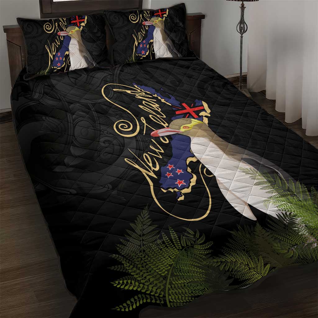 New Zealand Hoiho Quilt Bed Set Maori Art Tattoo and Silver Fern