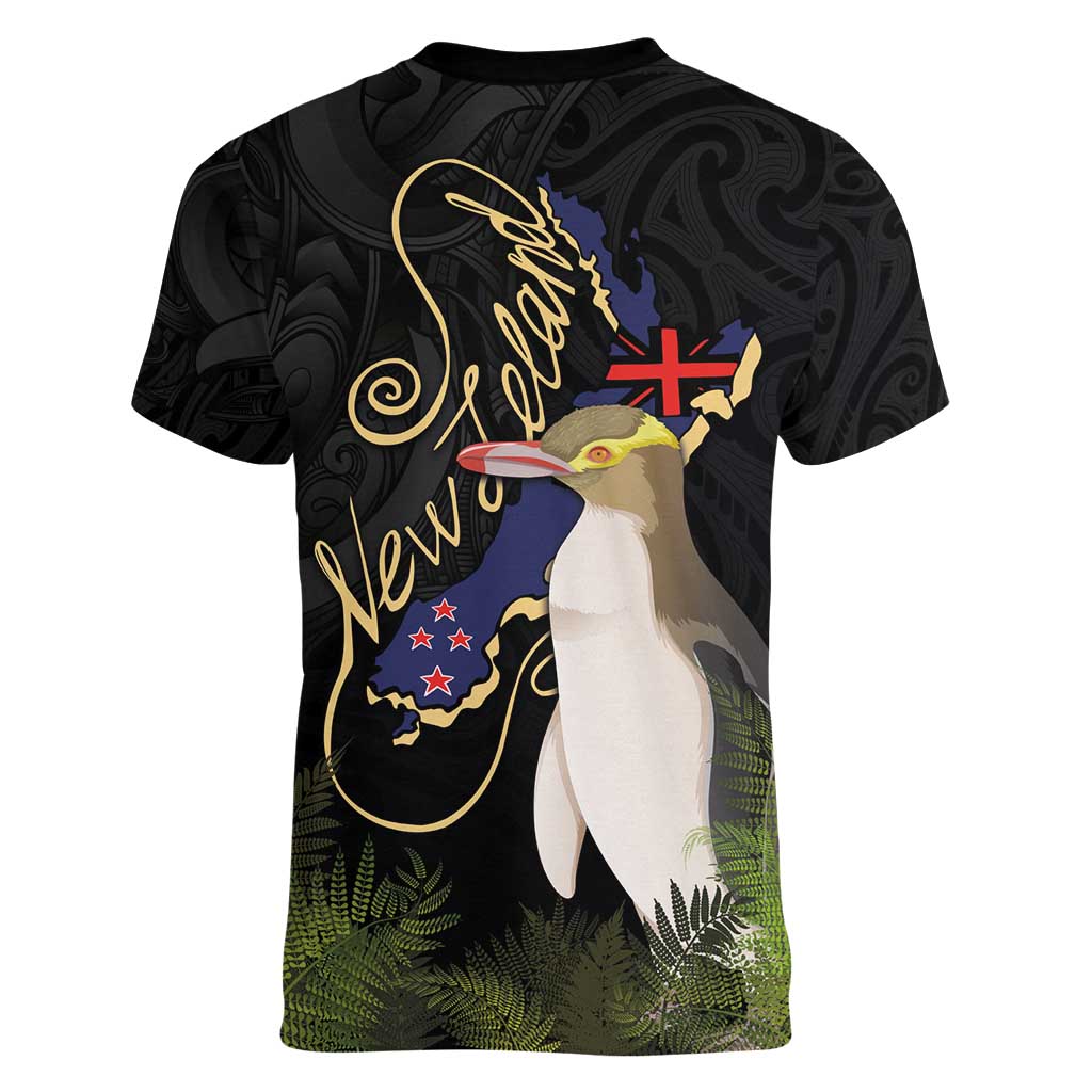 New Zealand Hoiho Women V-Neck T-Shirt Maori Art Tattoo and Silver Fern LT03 - Polynesian Pride