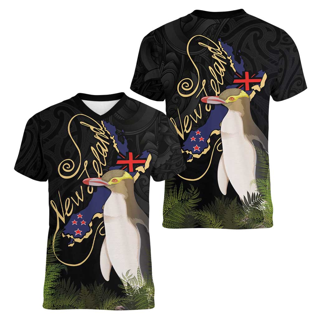 New Zealand Hoiho Women V-Neck T-Shirt Maori Art Tattoo and Silver Fern LT03 - Polynesian Pride