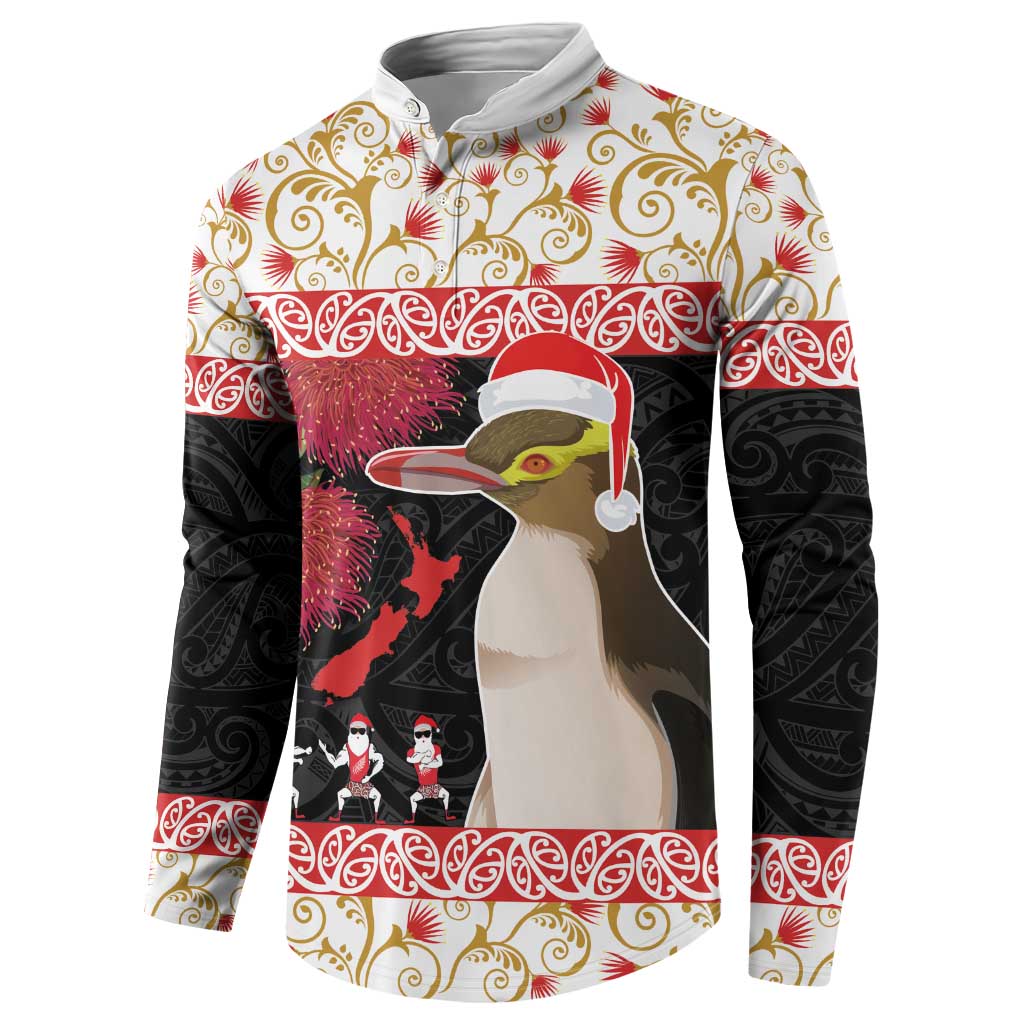 New Zealand Merry Christmas Button Sweatshirt Hoiho Xmas - Haka Dance and Pohutukawa