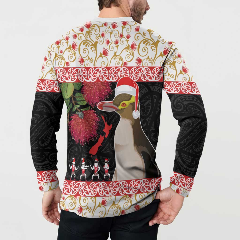 New Zealand Merry Christmas Button Sweatshirt Hoiho Xmas - Haka Dance and Pohutukawa