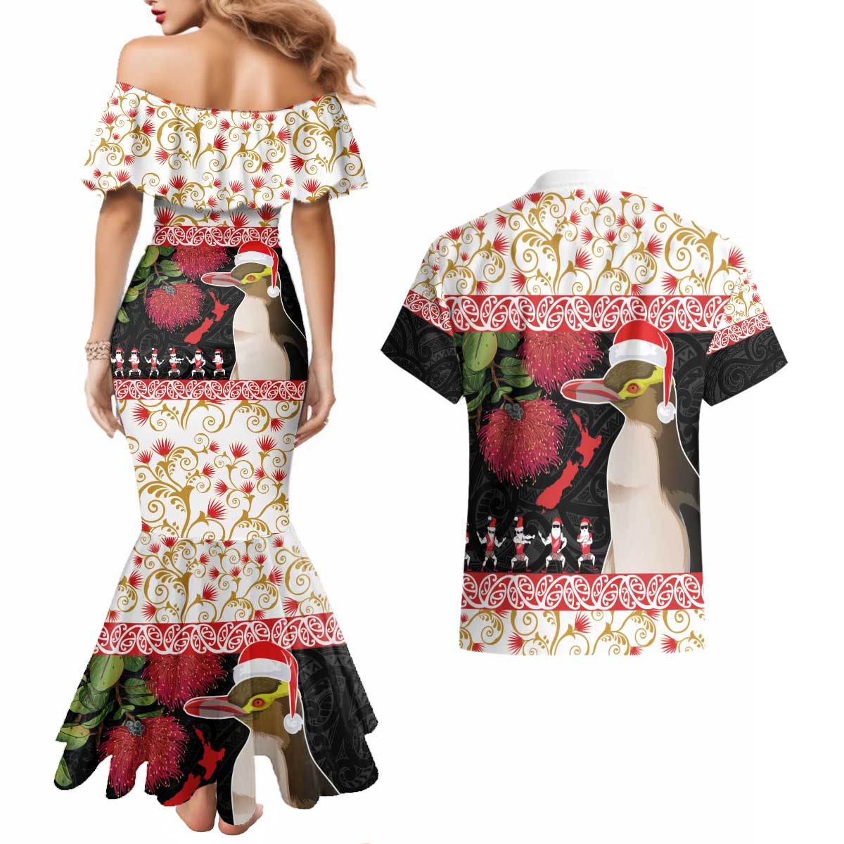 New Zealand Merry Christmas Couples Matching Mermaid Dress and Hawaiian Shirt Hoiho Xmas - Haka Dance and Pohutukawa LT03 - Polynesian Pride