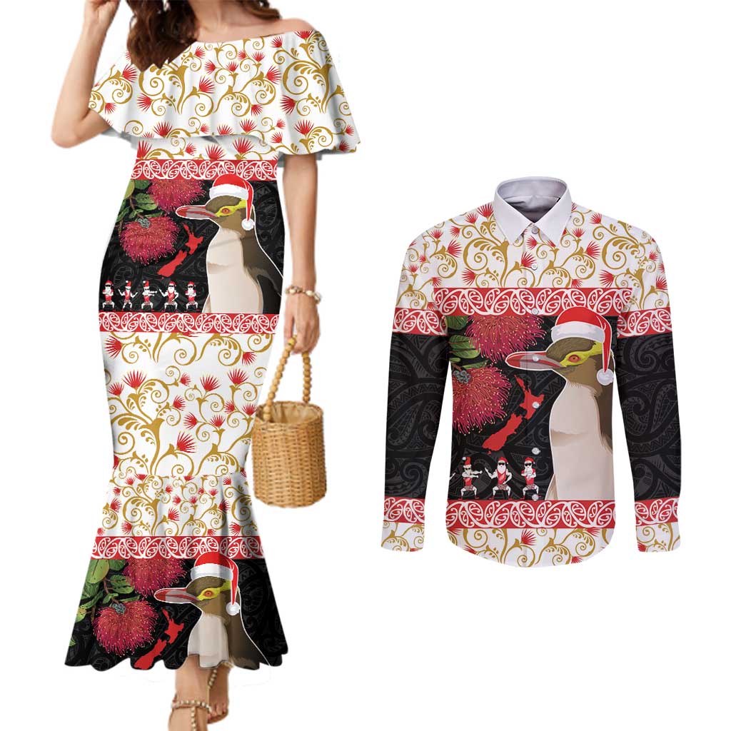 New Zealand Merry Christmas Couples Matching Mermaid Dress and Long Sleeve Button Shirt Hoiho Xmas - Haka Dance and Pohutukawa