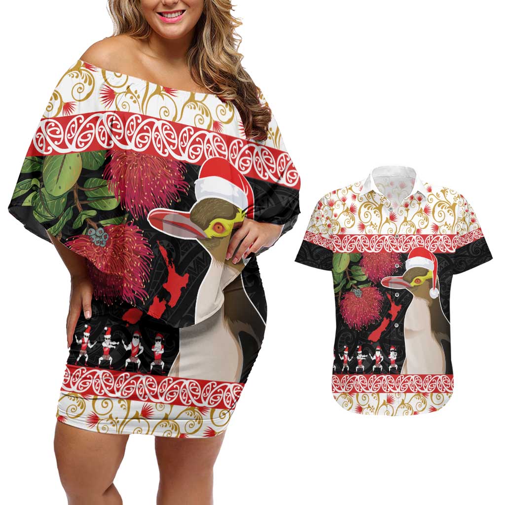 New Zealand Merry Christmas Couples Matching Off Shoulder Short Dress and Hawaiian Shirt Hoiho Xmas - Haka Dance and Pohutukawa LT03 White - Polynesian Pride
