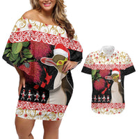 New Zealand Merry Christmas Couples Matching Off Shoulder Short Dress and Hawaiian Shirt Hoiho Xmas - Haka Dance and Pohutukawa LT03 White - Polynesian Pride