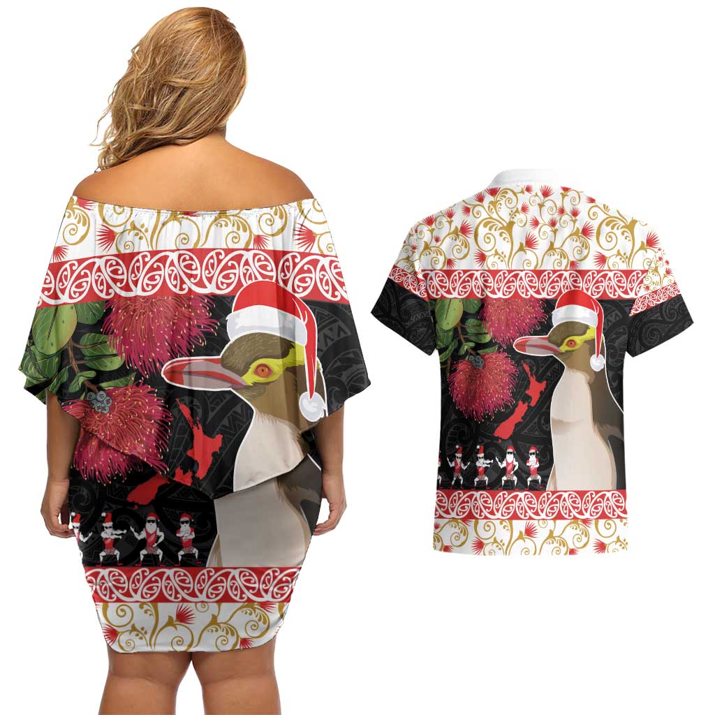 New Zealand Merry Christmas Couples Matching Off Shoulder Short Dress and Hawaiian Shirt Hoiho Xmas - Haka Dance and Pohutukawa LT03 - Polynesian Pride