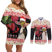 New Zealand Merry Christmas Couples Matching Off Shoulder Short Dress and Long Sleeve Button Shirt Hoiho Xmas - Haka Dance and Pohutukawa