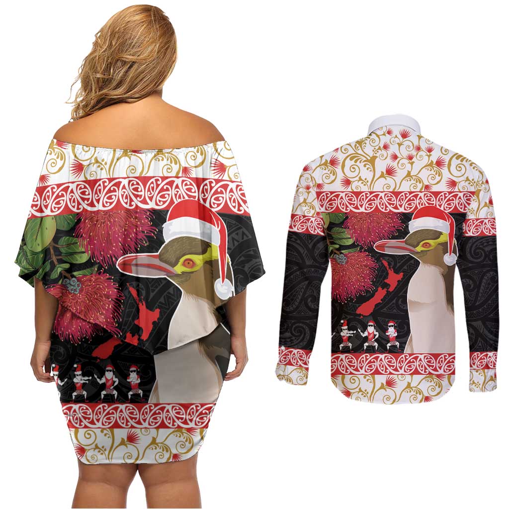 New Zealand Merry Christmas Couples Matching Off Shoulder Short Dress and Long Sleeve Button Shirt Hoiho Xmas - Haka Dance and Pohutukawa