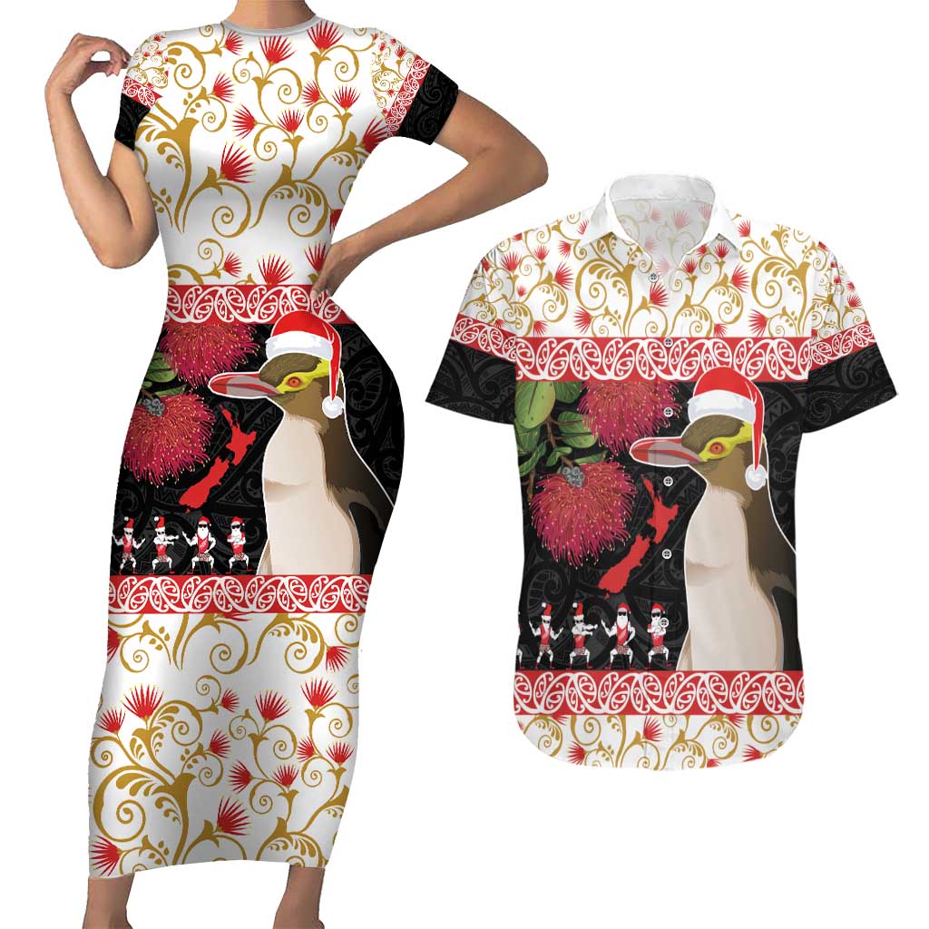 New Zealand Merry Christmas Couples Matching Short Sleeve Bodycon Dress and Hawaiian Shirt Hoiho Xmas - Haka Dance and Pohutukawa