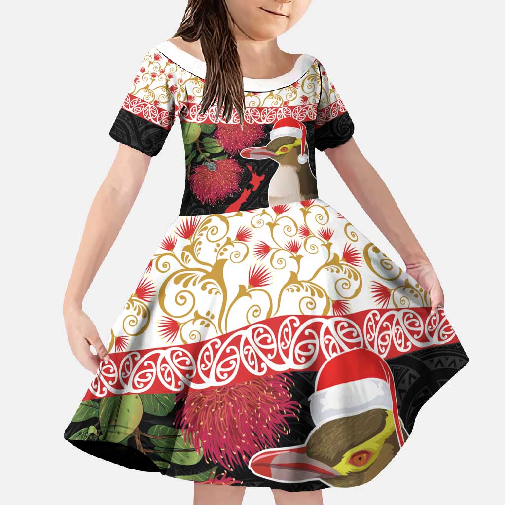 New Zealand Merry Christmas Family Matching Long Sleeve Bodycon Dress and Hawaiian Shirt Hoiho Xmas - Haka Dance and Pohutukawa LT03 Daughter's Dress White - Polynesian Pride