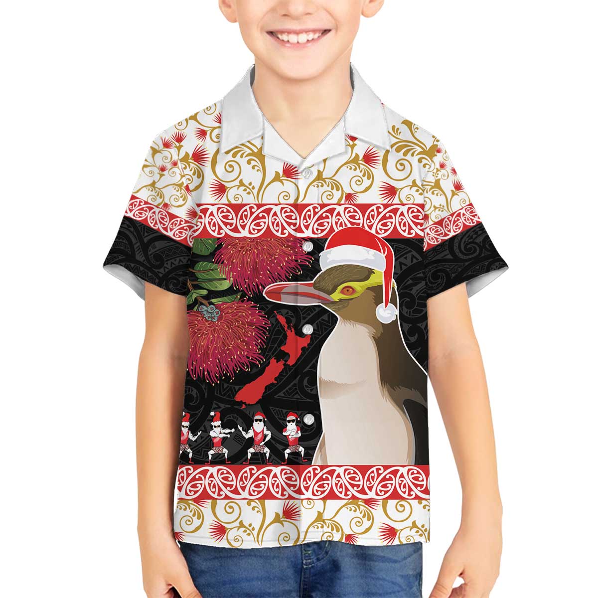 New Zealand Merry Christmas Family Matching Off The Shoulder Long Sleeve Dress and Hawaiian Shirt Hoiho Xmas - Haka Dance and Pohutukawa LT03 Son's Shirt White - Polynesian Pride