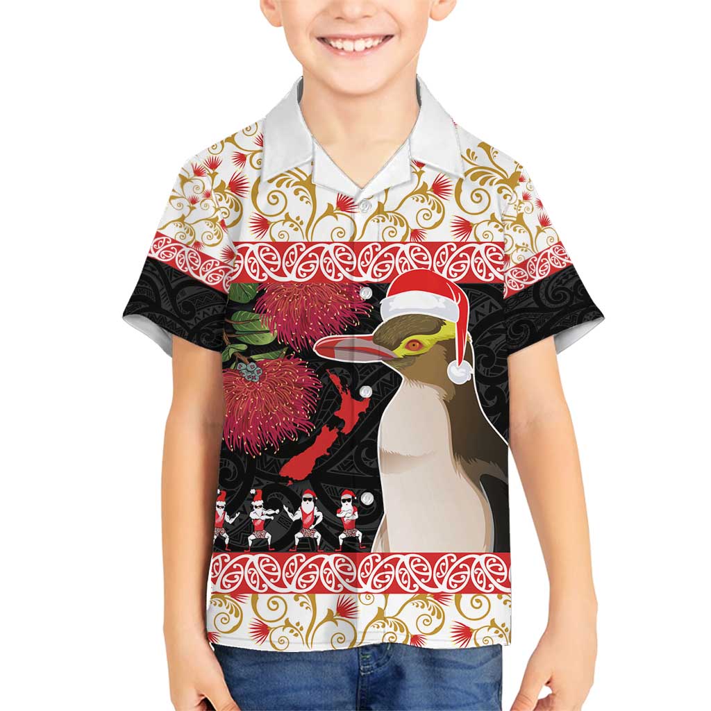 New Zealand Merry Christmas Family Matching Puletasi and Hawaiian Shirt Hoiho Xmas - Haka Dance and Pohutukawa LT03 Son's Shirt White - Polynesian Pride