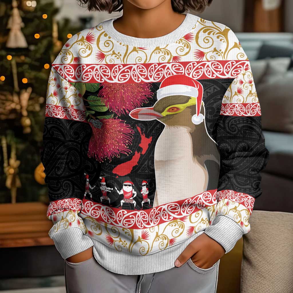 New Zealand Merry Christmas Kid Ugly Christmas Sweater Hoiho Xmas - Haka Dance and Pohutukawa