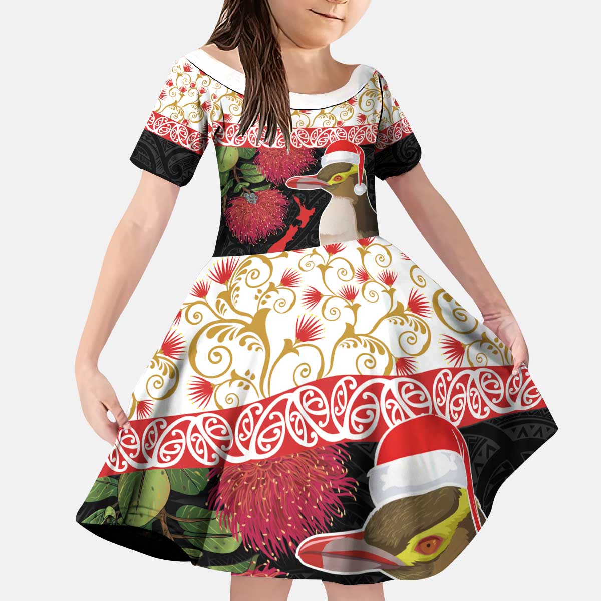 New Zealand Merry Christmas Kid Short Sleeve Dress Hoiho Xmas - Haka Dance and Pohutukawa