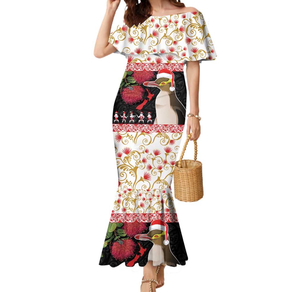 New Zealand Merry Christmas Mermaid Dress Hoiho Xmas - Haka Dance and Pohutukawa LT03 Women White - Polynesian Pride