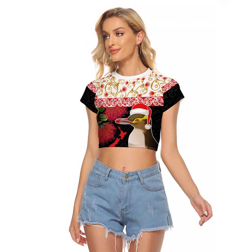 New Zealand Merry Christmas Raglan Cropped T Shirt Hoiho Xmas - Haka Dance and Pohutukawa