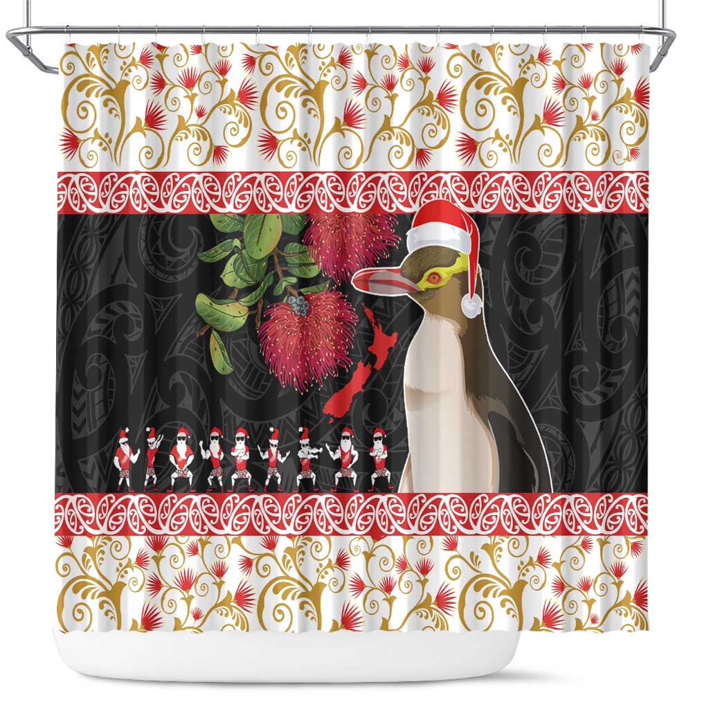 New Zealand Merry Christmas Shower Curtain Hoiho Xmas - Haka Dance and Pohutukawa