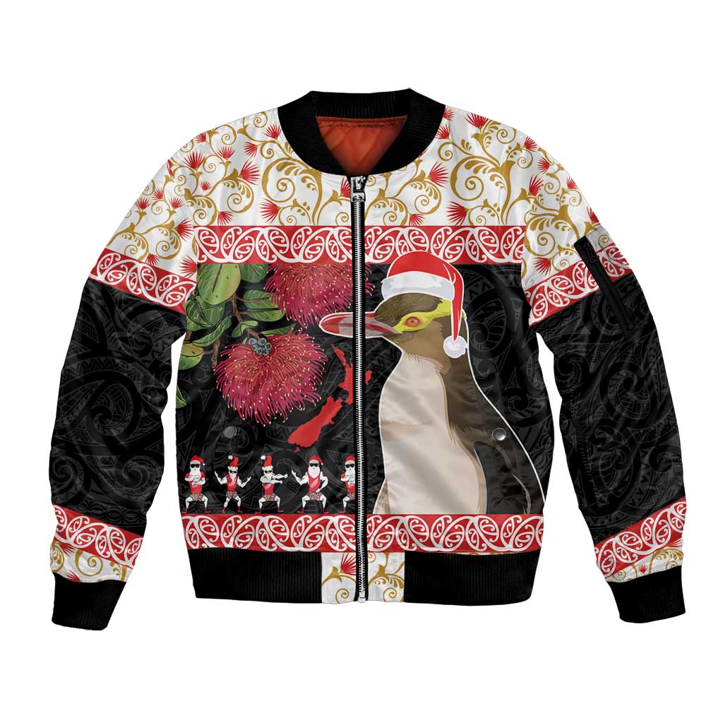 New Zealand Merry Christmas Sleeve Zip Bomber Jacket Hoiho Xmas - Haka Dance and Pohutukawa