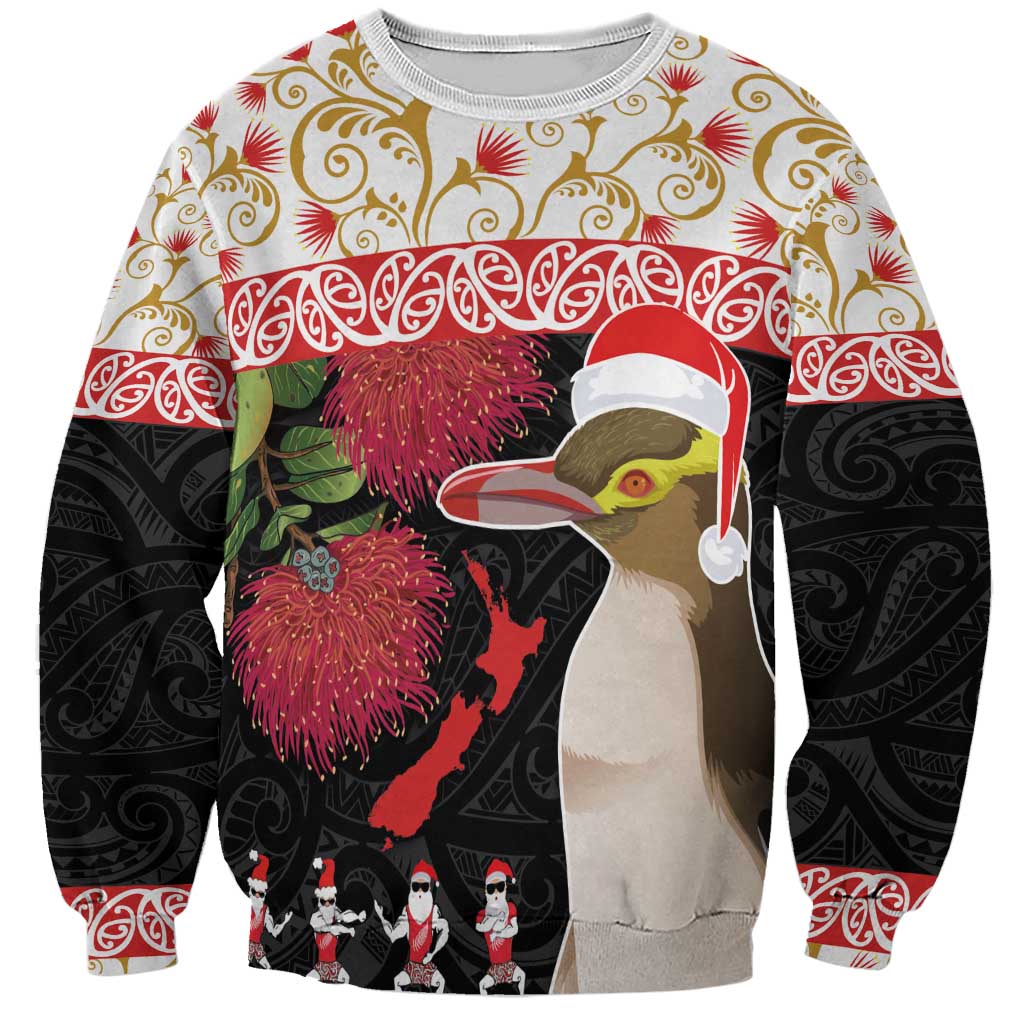 New Zealand Merry Christmas Sweatshirt Hoiho Xmas - Haka Dance and Pohutukawa